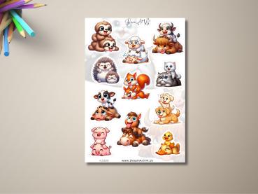 Süße Tieraufkleber mit verschiedenen Tieren wie Faultieren, Igeln, Kätzchen, Kühen, Hunden, Enten und Ferkeln in niedlichen Posen, ideal für Kinder und Tierliebhaber. DreamArt VM Design, Stickerbogen #2085.